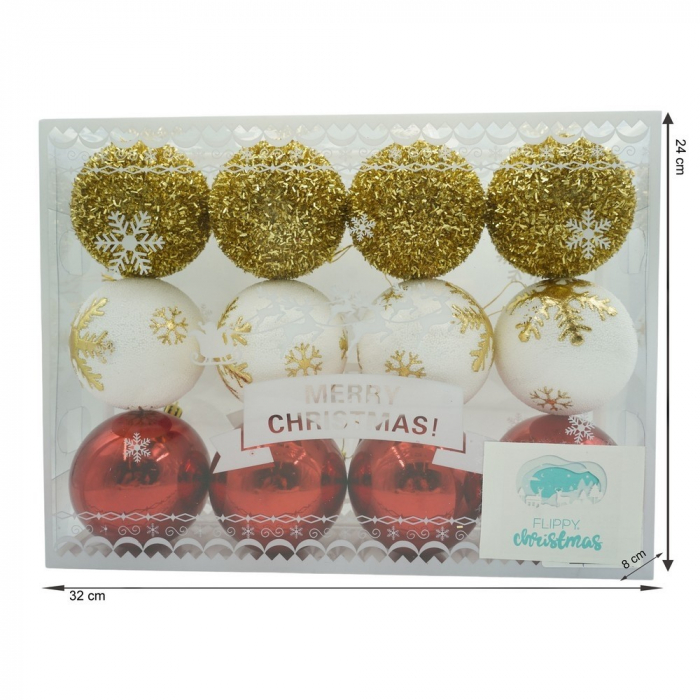 Set de 12 ornamente de brad, Flippy, de tip Glob, Alb/ Rosu, din polistiren, cu finisaj sclipitor , cutie  8  cm adancime x 32  cm lungime x 24  cm inaltime [11]