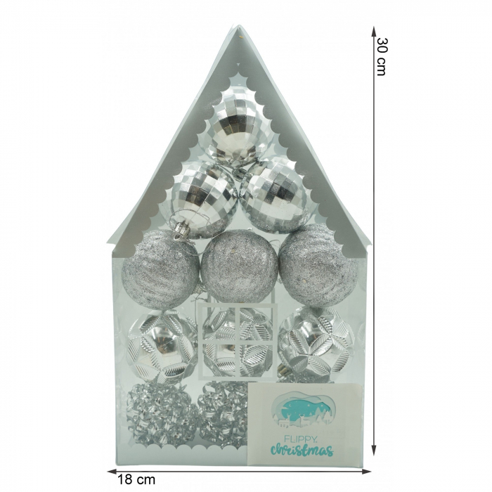 Set de 12 ornamente de brad, Flippy, de tip Glob, Argintiu, din plastic, cu finisaj sclipitor , cutie  6  cm adancime x 30  cm inaltime x 18  cm lungime) [6]