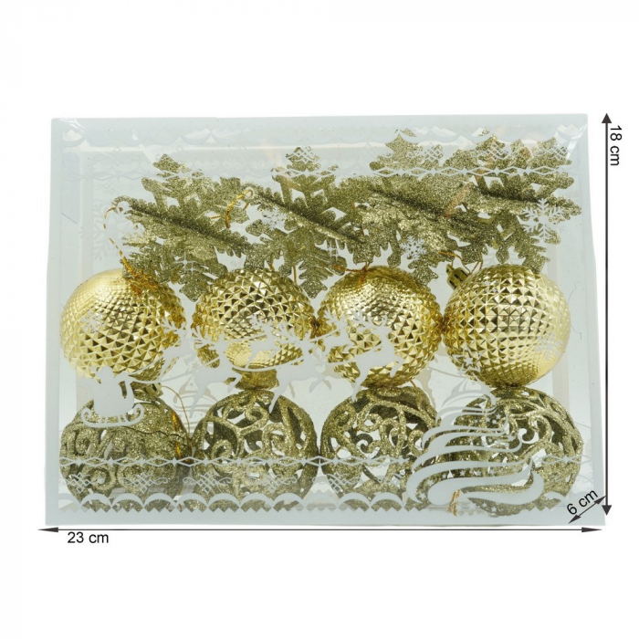 Set de 12 ornamente de brad, Flippy, de tip Glob, Auriu, din plastic, cu finisaj sclipitor , cutie  6  cm adancime x 23  cm lungime x 18  cm inaltime [11]
