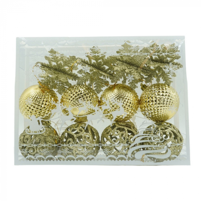 Set de 12 ornamente de brad, Flippy, de tip Glob, Auriu, din plastic, cu finisaj sclipitor , cutie  6  cm adancime x 23  cm lungime x 18  cm inaltime [1]