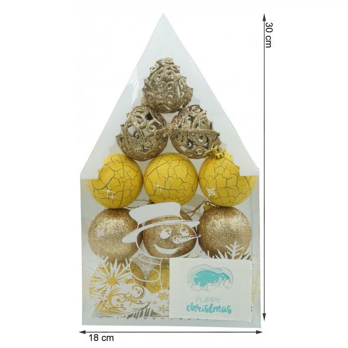Set de 12 ornamente de brad, Flippy, de tip Glob, Auriu/ Galben, din plastic, cu finisaj sclipitor , cutie  6  cm adancime x 30  cm inaltime x 18  cm lungime) [6]