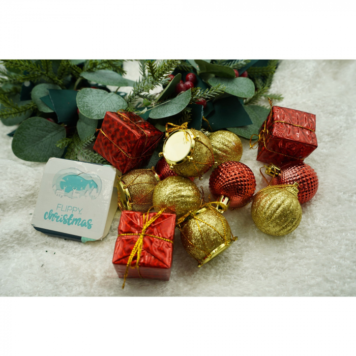 Set de 12 ornamente de brad, Flippy, de tip Glob, Rosu/ Auriu, din polistiren, cu finisaj sclipitor , cutie  4  cm adancime x 20  cm inaltime x 12  cm lungime) [3]