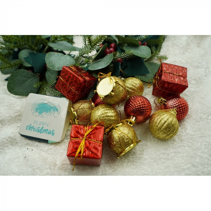 Set de 12 ornamente de brad, Flippy, de tip Glob, Rosu/ Auriu, din polistiren, cu finisaj sclipitor , cutie  4  cm adancime x 20  cm inaltime x 12  cm lungime) [8]