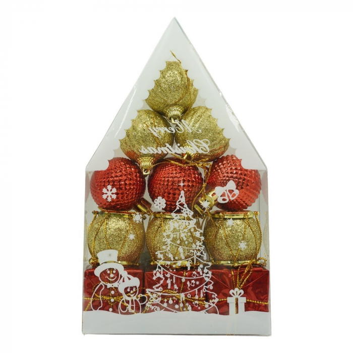 Set de 12 ornamente de brad, Flippy, de tip Glob, Rosu/ Auriu, din polistiren, cu finisaj sclipitor , cutie  4  cm adancime x 20  cm inaltime x 12  cm lungime) [1]