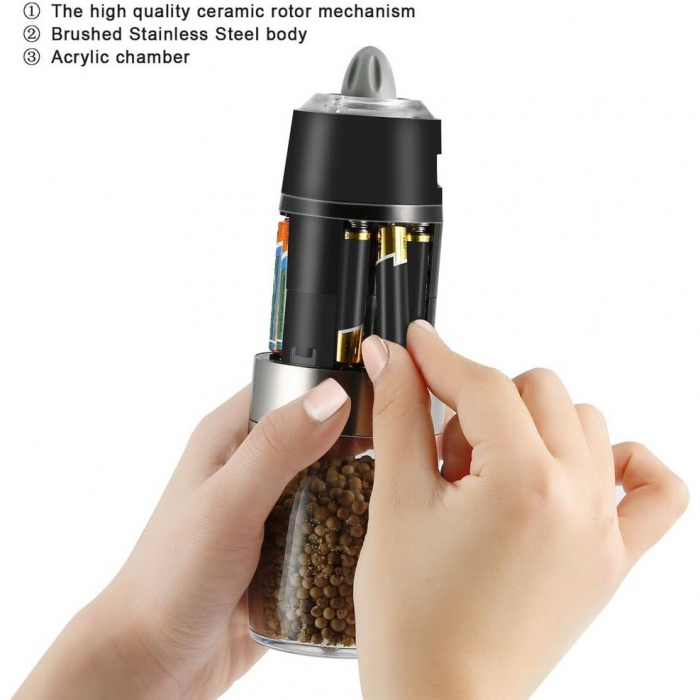 Set de 2 Rasnite electrice de Sare si Piper, Flippy, cu Camere Depozitare Transparente, Macinare, Functionare pe Baterii, cu Lumina, ABS, 20x6.5 cm, Argintiu/Transparent [3]