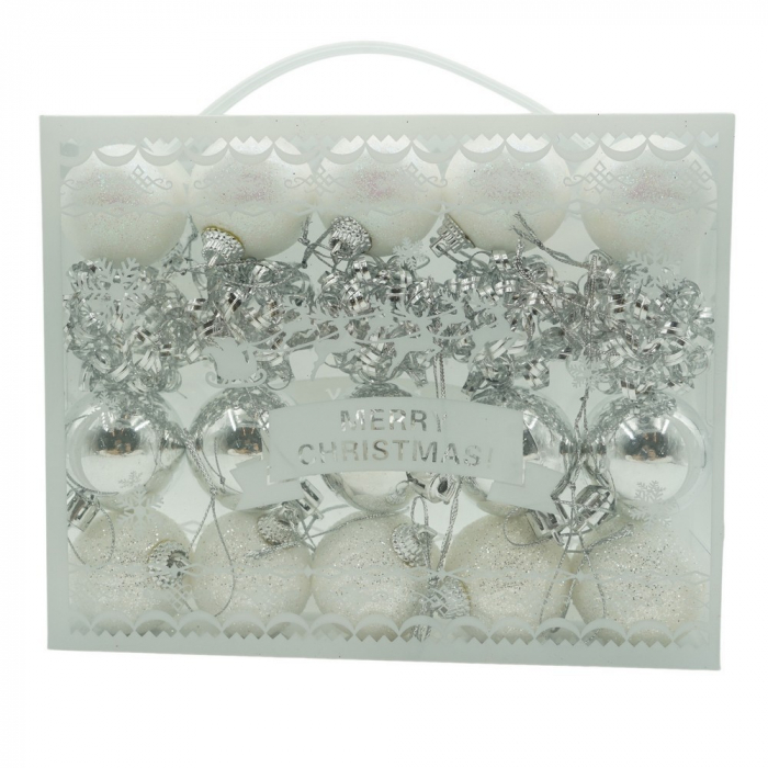 Set de 20 ornamente de brad, Flippy, de tip Glob, Alb/ Argintiu, din polistiren, cu finisaj sclipitor , cutie  4  cm adancime x 20  cm lungime x 16  cm inaltime [1]