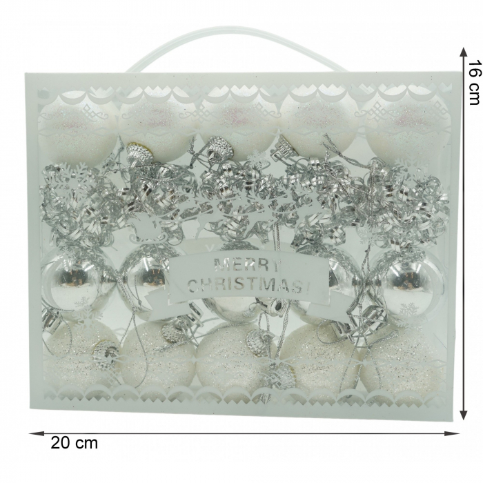 Set de 20 ornamente de brad, Flippy, de tip Glob, Alb/ Argintiu, din polistiren, cu finisaj sclipitor , cutie  4  cm adancime x 20  cm lungime x 16  cm inaltime [6]
