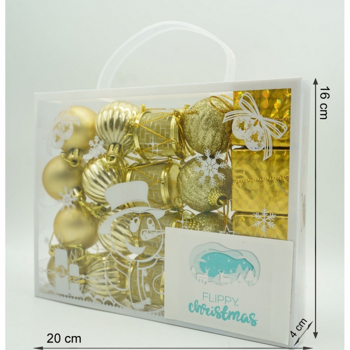 Set de 20 ornamente de brad, Flippy, de tip Glob, Auriu, din polistiren, cu finisaj sclipitor , cutie  4  cm adancime x 20  cm lungime x 16  cm inaltime [11]