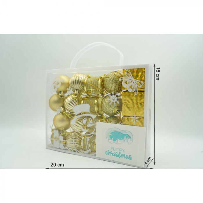 Set de 20 ornamente de brad, Flippy, de tip Glob, Auriu, din polistiren, cu finisaj sclipitor , cutie  4  cm adancime x 20  cm lungime x 16  cm inaltime [6]