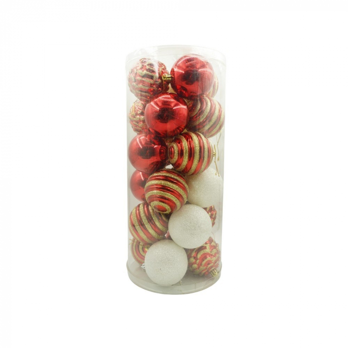 Set de 24 ornamente de brad, Flippy, de tip Glob, Alb/ Rosu, cu ø de 7 cm, din plastic, cu finisaj sclipitor , cutie  16  cm lungime x 36  cm inaltime x 16  cm adancime [1]