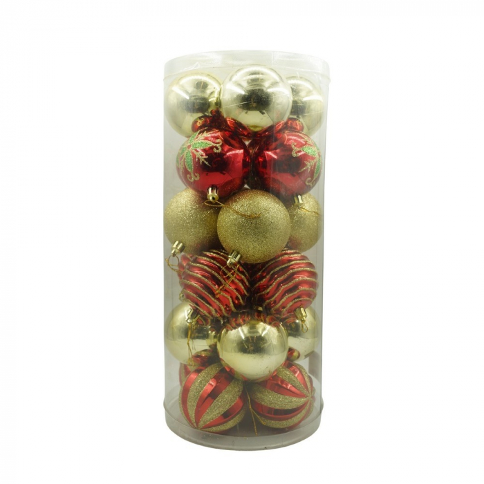 Set de 24 ornamente de brad, Flippy, de tip Glob, Rosu/ Auriu, cu ø de 7 cm, din plastic, cu finisaj sclipitor , cutie  16  cm lungime x 36  cm inaltime x 16  cm adancime [1]