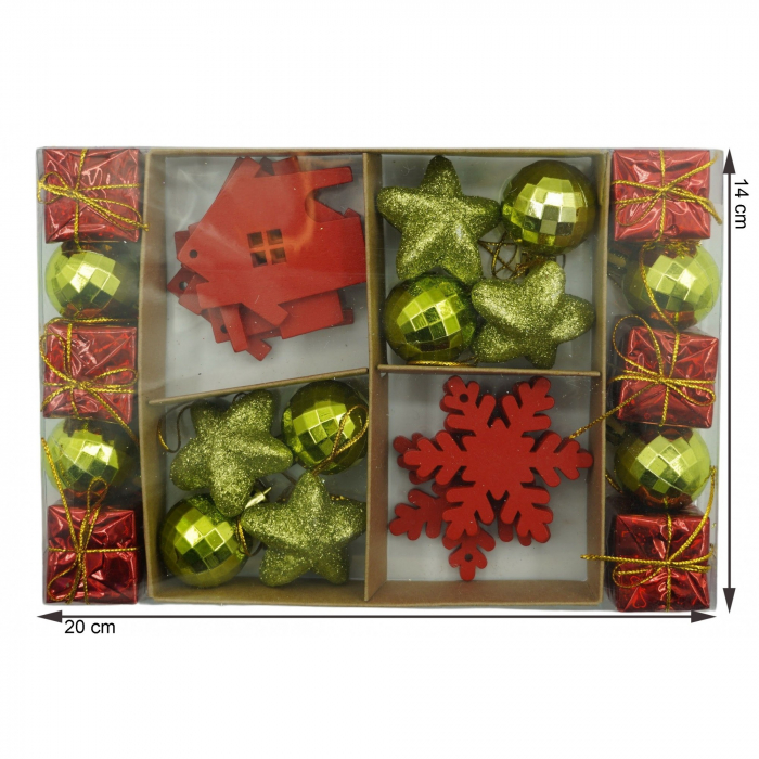 Set de 24 ornamente de brad, Flippy, de tip Glob, Rosu/ Auriu, din polistiren, cu finisaj sclipitor , cutie  3  cm adancime x 20  cm lungime x 14  cm inaltime [6]