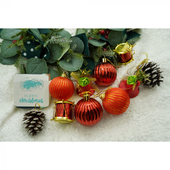 Set de 24 ornamente de brad, Flippy, de tip Glob, Rosu/ Maro, din polistiren, cu finisaj sclipitor , cutie  5  cm adancime x 29  cm lungime x 19  cm inaltime [3]