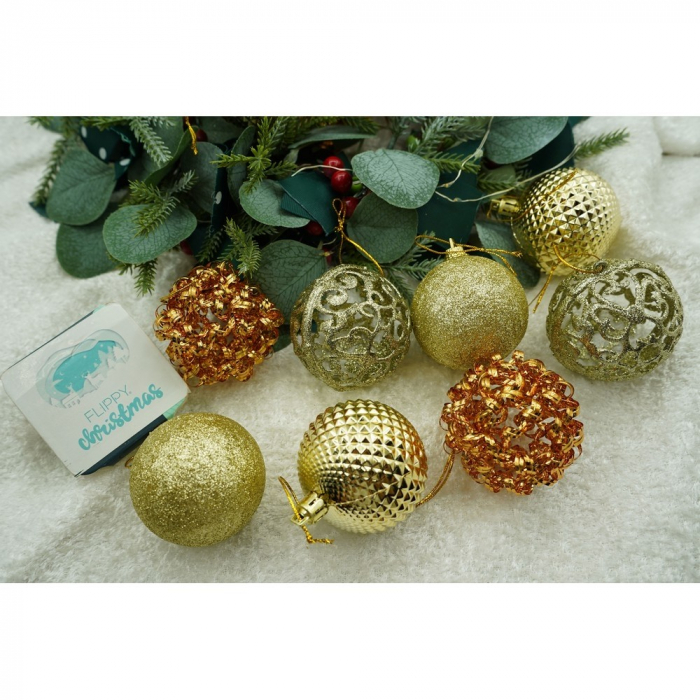 Set de 28 ornamente de brad, Flippy, de tip Glob, Cupru/ Auriu, din polistiren, cu finisaj sclipitor , cutie  18  cm adancime x 22  cm inaltime x 18  cm lungime) [7]