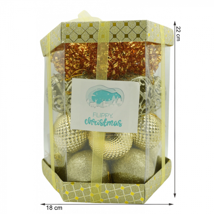 Set de 28 ornamente de brad, Flippy, de tip Glob, Cupru/ Auriu, din polistiren, cu finisaj sclipitor , cutie  18  cm adancime x 22  cm inaltime x 18  cm lungime) [6]