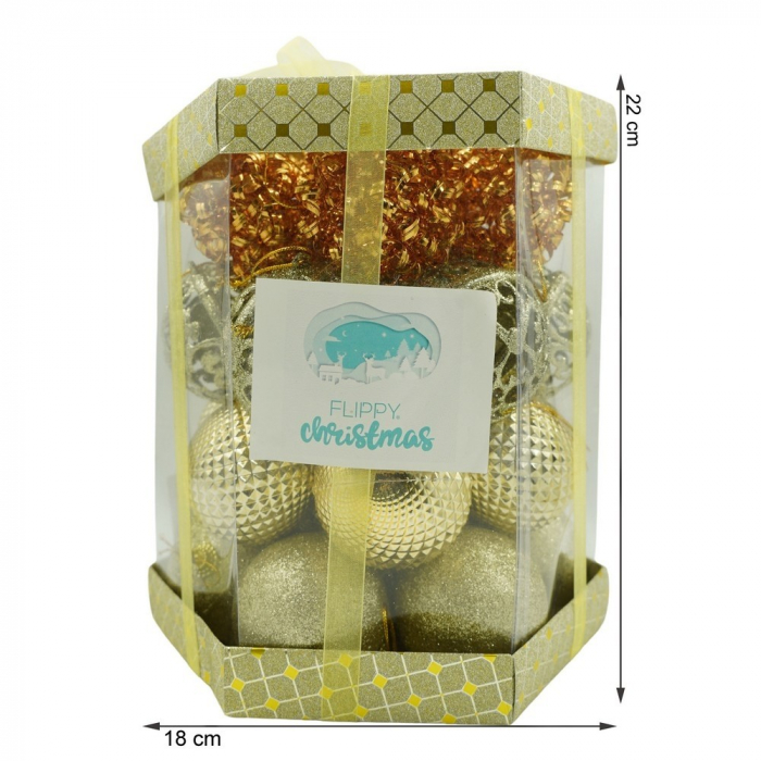 Set de 28 ornamente de brad, Flippy, de tip Glob, Cupru/ Auriu, din polistiren, cu finisaj sclipitor , cutie  18  cm adancime x 22  cm inaltime x 18  cm lungime) [11]