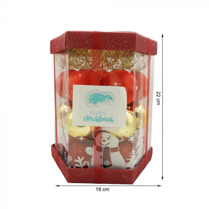 Set de 28 ornamente de brad, Flippy, de tip Glob, Rosu/ Auriu, din polistiren, cu finisaj sclipitor , cutie  18  cm adancime x 22  cm inaltime x 18  cm lungime) [11]