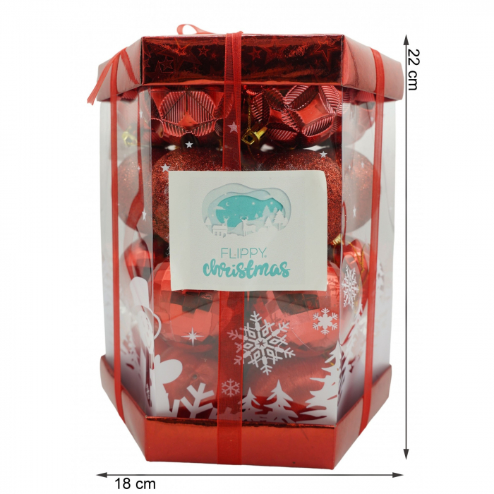 Set de 28 ornamente de brad, Flippy, de tip Glob, Rosu, din polistiren, cu finisaj sclipitor , cutie  18  cm adancime x 22  cm inaltime x 18  cm lungime) [5]