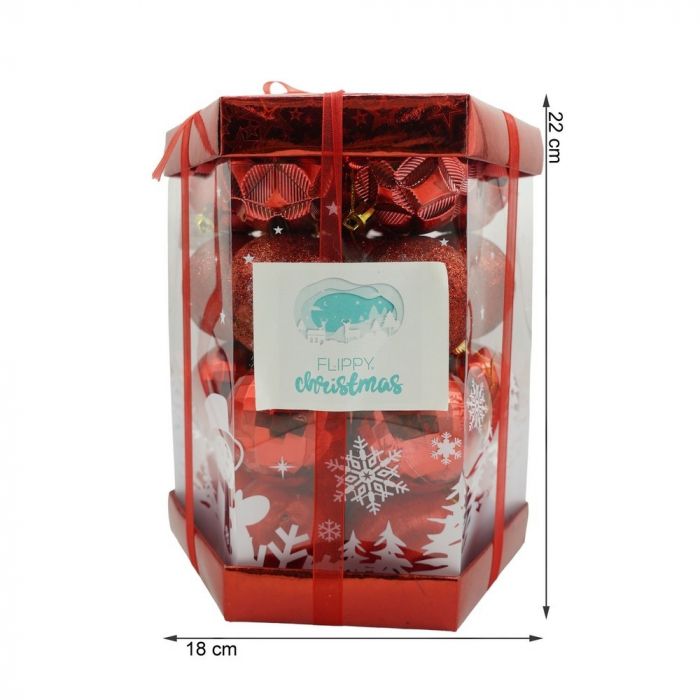 Set de 28 ornamente de brad, Flippy, de tip Glob, Rosu, din polistiren, cu finisaj sclipitor , cutie  18  cm adancime x 22  cm inaltime x 18  cm lungime) [10]