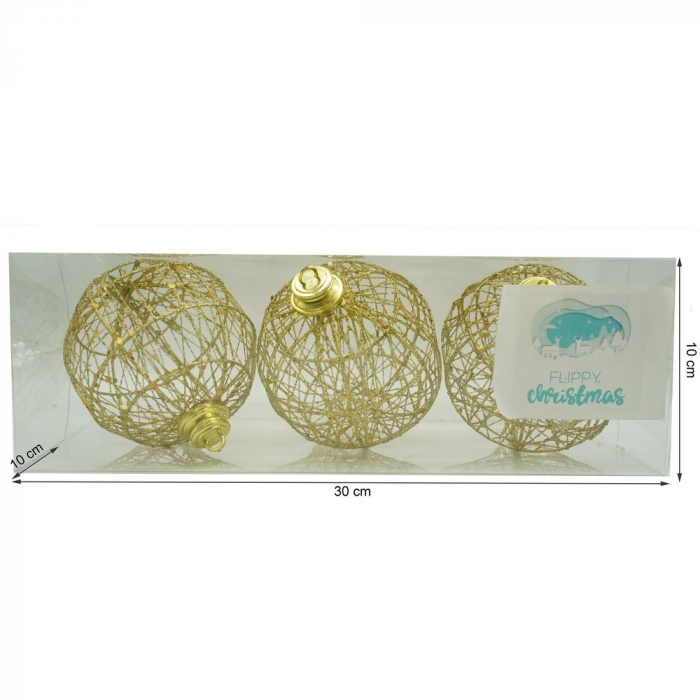 Set de 3 ornamente de brad, Flippy, de tip Glob, Auriu, cu ø de 10 cm, din metal, cu finisaj sclipitor , cutie  10  cm adancime x 30  cm lungime x 10  cm inaltime [11]