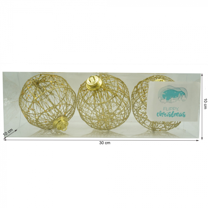 Set de 3 ornamente de brad, Flippy, de tip Glob, Auriu, cu ø de 10 cm, din metal, cu finisaj sclipitor , cutie  10  cm adancime x 30  cm lungime x 10  cm inaltime [6]