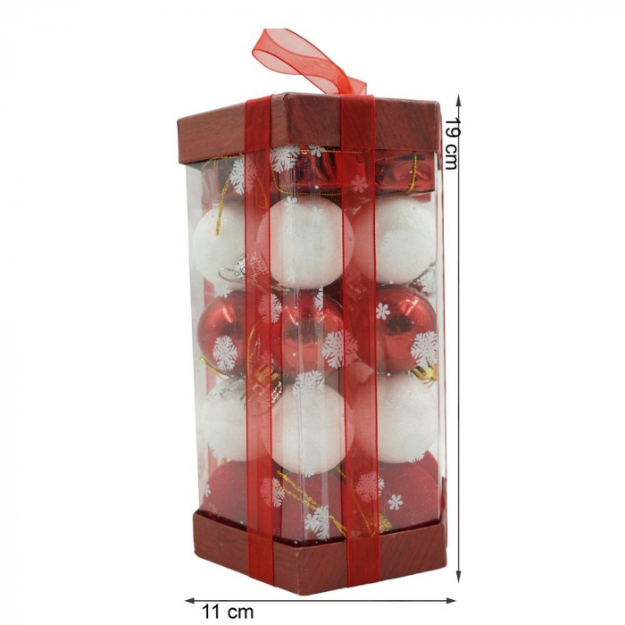 Set de 35 ornamente de brad, Flippy, de tip Glob, Alb/ Rosu, din polistiren, cu finisaj sclipitor , cutie  11  cm adancime x 19  cm inaltime x 11  cm lungime) [11]