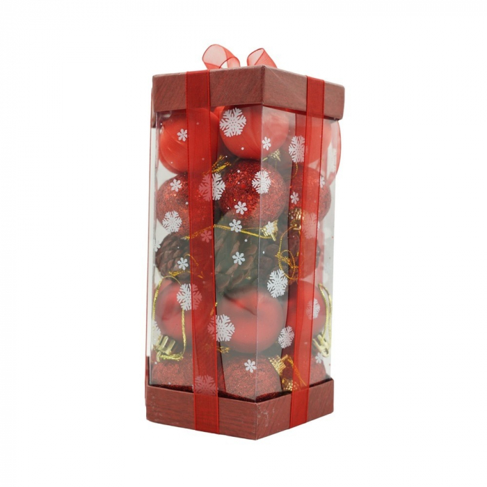 Set de 35 ornamente de brad, Flippy, de tip Glob, Rosu, din polistiren, cu finisaj sclipitor , cutie  11  cm adancime x 19  cm inaltime x 11  cm lungime) [1]