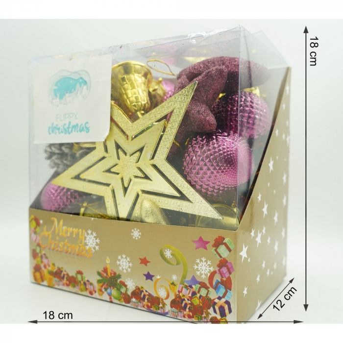 Set de 50 ornamente de brad, Flippy, de tip Glob, Rosu/ Auriu, din plastic, cu finisaj sclipitor , cutie  18  cm lungime x 12  cm adancime x 18  cm inaltime [11]
