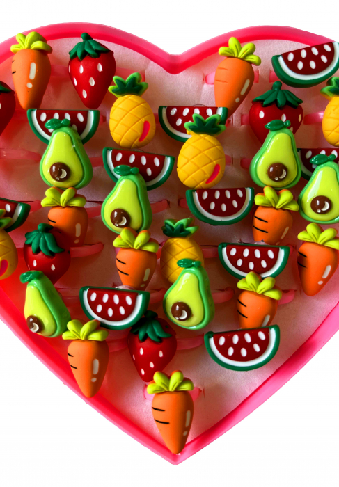 Set de Accesorii pentru Fetite, 36 Inele in Cutie in Forma de Inima, din Plastic, Model Fructe [3]