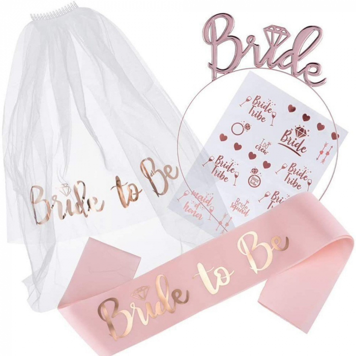 Set de Accesorii pentru Mireasa, Flippy, Coronita, Panglica, Stickere, Voal, Model Bride To Be, Tematica Nunta, Alb-Roz [1]
