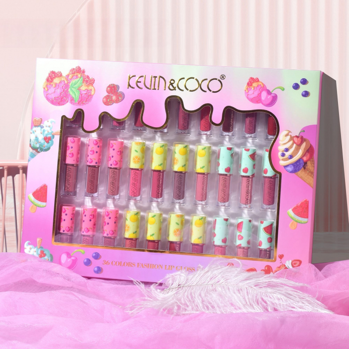 Set de Buze, KEVIN &amp; COCO, 36 Lip Gloss-uri, Model Capac cu Fructe, 32.3 x 24.3 x 2.4 cm, Multicolor [2]