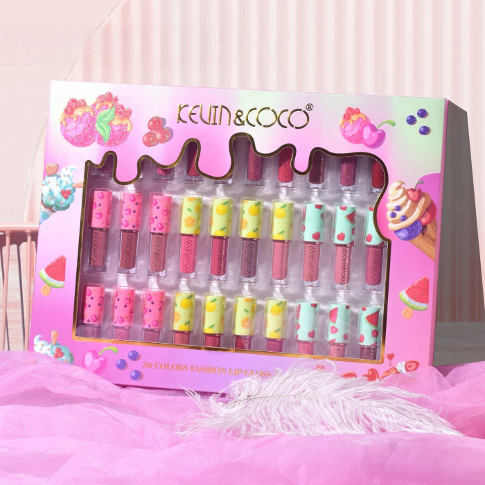 Set de Buze, KEVIN &amp; COCO, 36 Lip Gloss-uri, Model Capac cu Fructe, 32.3 x 24.3 x 2.4 cm, Multicolor [1]