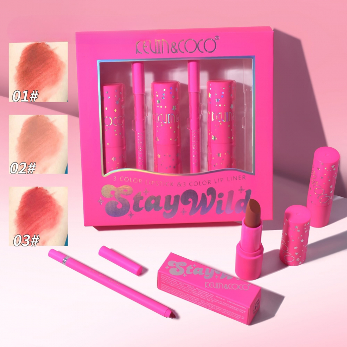 Set de Buze, KEVIN &amp; COCO, Stay Wild, 3 Lip Stick-uri si 3 Creioane de Buze, 16.1 x 16 x 2.6 cm, Nuante Calde [1]