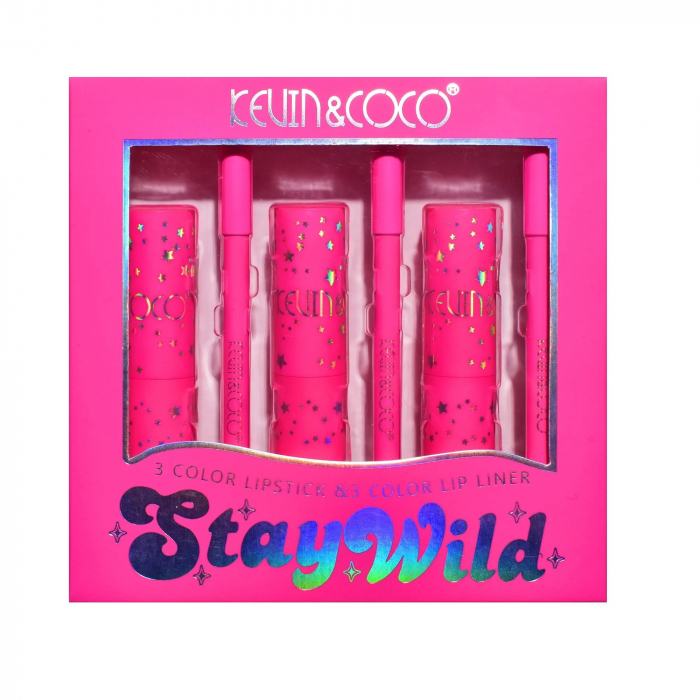 Set de Buze, KEVIN &amp; COCO, Stay Wild, 3 Lip Stick-uri si 3 Creioane de Buze, 16.1 x 16 x 2.6 cm, Nuante Calde [6]