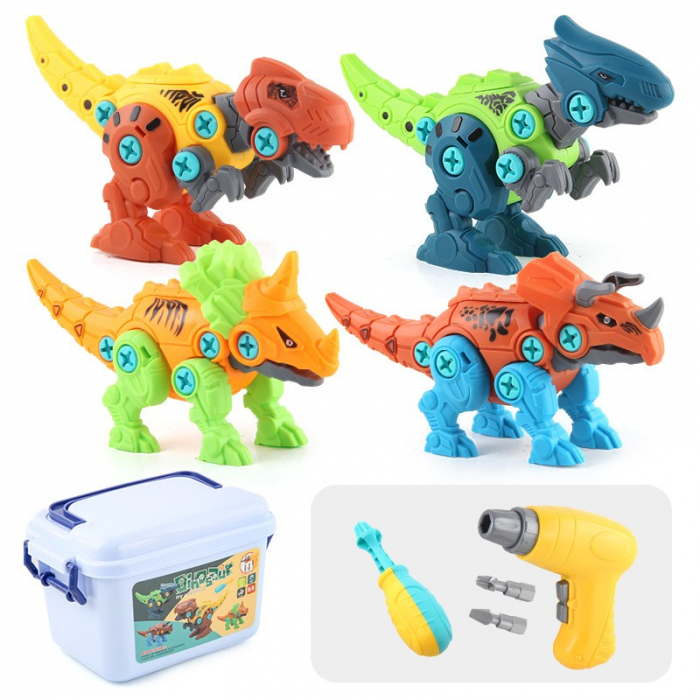 Lichidare Set de Constructie/Asamblare, Flippy, 4 Dinozauri, cu Bormasina Electrica, Baterii 2 x AA, Surubelnita si Cutie Depozitare, 22.5 x 14.5 x 15 cm, Multicolor [12]