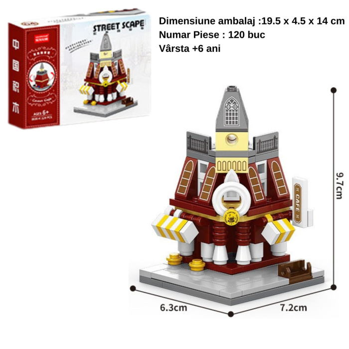 Set de Constructie, Flippy, Jucarie Educativa STEM, 120 Piese, Model 3D, +6 Ani, Colectia Strada Comerciala Europeana, 7.2 x 6.3 x 9.7 cm, Bordo/Gri [2]