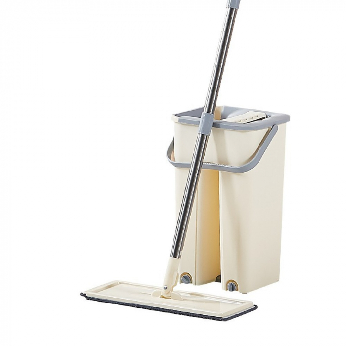 Set de curatenie Flippy, mop si galeata, galeata 6 l, 2 rezerve microfibra incluse, design modern, pentru interior, material plastic, peri sintetici, plat, cu storcere, bej [5]