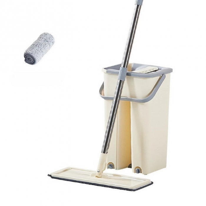 Set de curatenie Flippy, mop si galeata, galeata 6 l, 2 rezerve microfibra incluse, design modern, pentru interior, material plastic, peri sintetici, plat, cu storcere, bej [3]