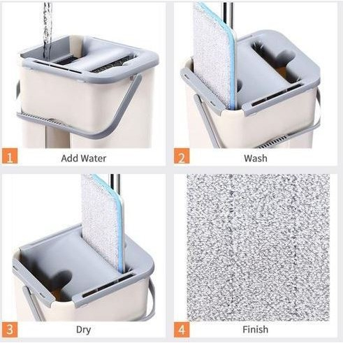Set de curatenie Flippy, mop si galeata, galeata 6 l, 2 rezerve microfibra incluse, design modern, pentru interior, material plastic, peri sintetici, plat, cu storcere, bej [1]