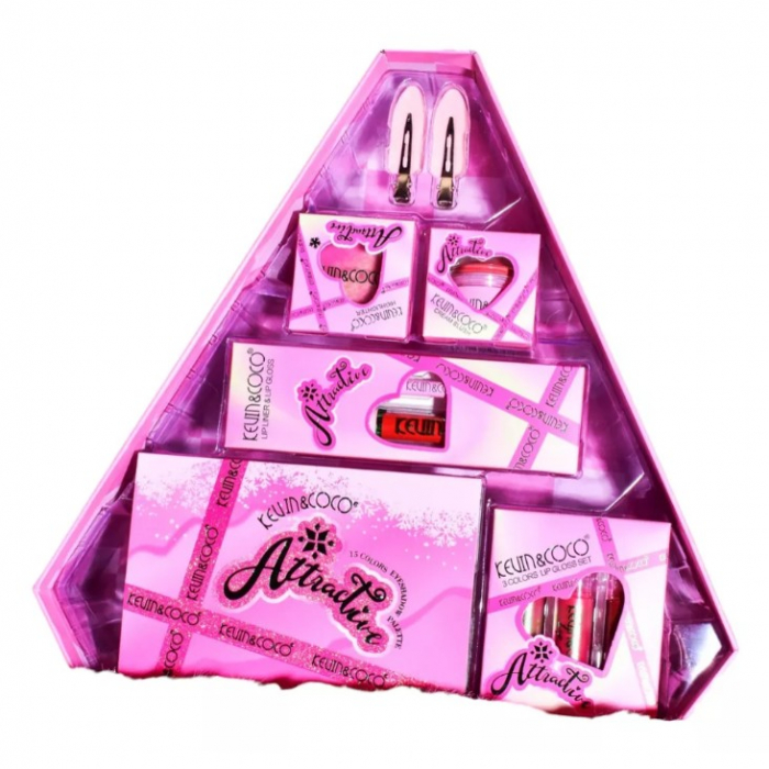 Set de Machiaj din 6 Piese Kevin&amp;Coco, Farduri de Pleoape, Iluminator, Lip Gloss-uri, Creioane de Buze, Blush, Agrafe, Model Atractive, 35x33x10.5 cm, Multicolor [2]