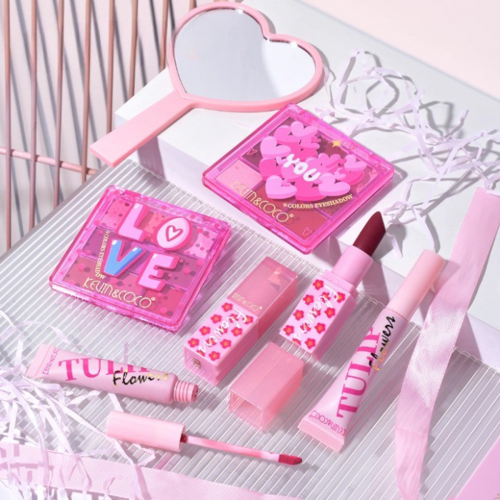 Set de Machiaj, KEVIN &amp; COCO, 22 Culori, Model Lalele, 2 Palete de Farduri, 2 Lip Gloss-uri, 2 Lip Stick-uri, 1 Oglinda Inimioara, 15.7 x 21 x 4 cm, Multicolor [10]
