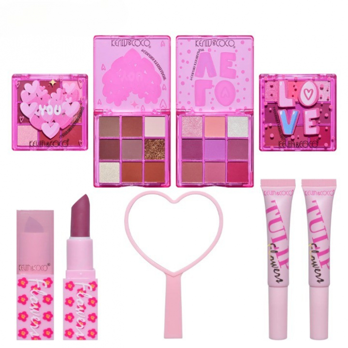 Set de Machiaj, KEVIN &amp; COCO, 22 Culori, Model Lalele, 2 Palete de Farduri, 2 Lip Gloss-uri, 2 Lip Stick-uri, 1 Oglinda Inimioara, 15.7 x 21 x 4 cm, Multicolor [2]