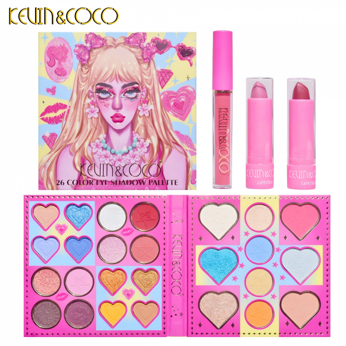 Set de Machiaj, Kevin &amp; Coco, 26 de Culori, Pigmentate, Fard de ochi, Ruj, Gloss, Fard Obraz, 19x18x2 cm, Diferite Nuante [3]