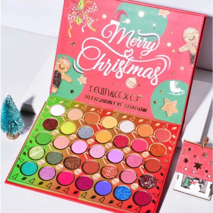 Set de Machiaj Kevin&amp;Coco, 70 de Culori, Paleta de Farduri, Model Merry Christmas, Oglinda Ovala, 22.3x17.2x1.9 cm, Multicolor [2]