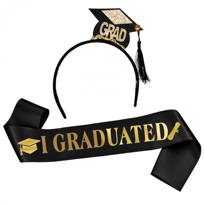 Set din 2 Piese pentru Absolvire, Flippy, Panglica si Coronita, Model I Graduated, Negru [1]