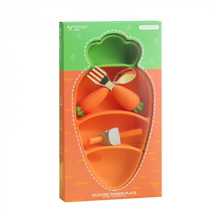 Set diversificare bebelusi Flippy, din silicon, 23.5 x 12.5 cm, 1 farfurie compartimentata in forma de morcov, lingurita si furculita, pai, perie pai, fara alergeni, ventuza fixare, forma creativa, po [1]