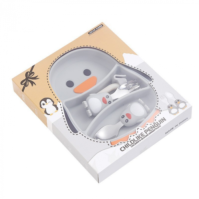 Set diversificare bebelusi Flippy, din silicon, 23.5 x 12.5 cm, 1 farfurie compartimentata in forma de pinguin, lingurita si furculita, pai, perie pai, fara alergeni, ventuza fixare, forma creativa, g [1]