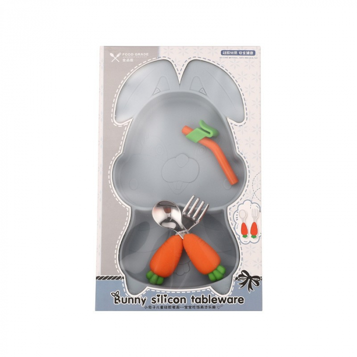 Set diversificare bebelusi Flippy, din silicon, 26 x 15 cm, 1 farfurie compartimentata in forma de iepure, lingurita si furculita, pai, perie pai, fara alergeni, ventuza fixare, forma creativa, bleuma [1]