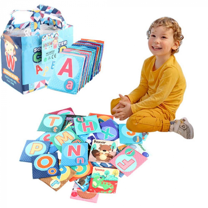 Set educativ 26 de carti textile, cu 2 fete, alfabet si animale, geanta inclusa, culori vibrante, 11x12 cm, Multicolor [5]