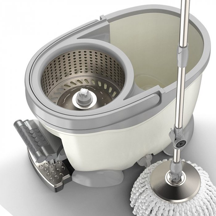 Lichidare Set Galeata cu Pedala si Mop Rotativ 360°, Flippy, Cu Actiune Centrifuga x4, Pentru Uz Casnic, Maner din Otel Inoxidabil Telescopic, 2 Capte din Bumbac, 46x30x28 cm, Alb Ivoir [10]